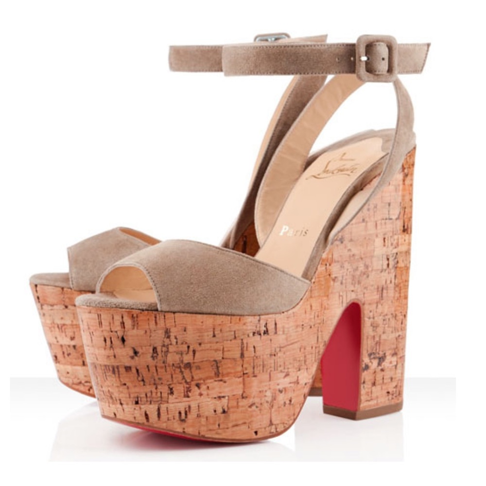 Christian Louboutin Taupe Suede Cork Platform Sandals with Red Soles